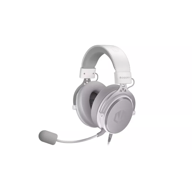 Laidinės binaurinės ausinės ENDORFY VIRO Plus USB Onyx White — 5,3 cm tvarkyklės, 20–20000 Hz, 98 dB, 32 Ω, nuimamas strėlinis mikrofonas, 2,9 m laidas
