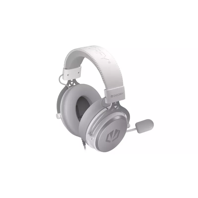 Laidinės binaurinės ausinės ENDORFY VIRO Plus USB Onyx White — 5,3 cm tvarkyklės, 20–20000 Hz, 98 dB, 32 Ω, nuimamas strėlinis mikrofonas, 2,9 m laidas