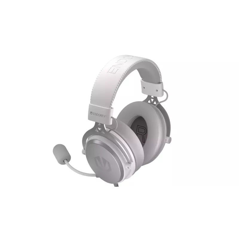 Laidinės binaurinės ausinės ENDORFY VIRO Plus USB Onyx White — 5,3 cm tvarkyklės, 20–20000 Hz, 98 dB, 32 Ω, nuimamas strėlinis mikrofonas, 2,9 m laidas
