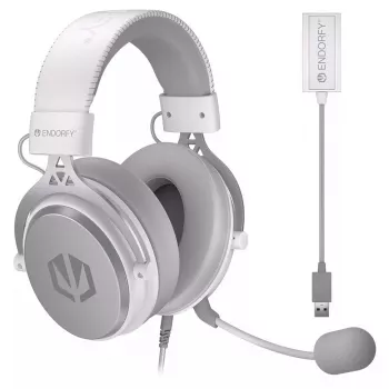 Laidinės binaurinės ausinės ENDORFY VIRO Plus USB Onyx White — 5,3 cm tvarkyklės, 20–20000 Hz, 98 dB, 32 Ω, nuimamas strėlinis mikrofonas, 2,9 m laidas