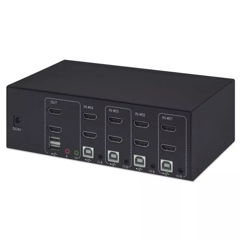 KVM jungiklis Manhattan 4 prievadų 4K@30Hz USB-A garsas mikrofonas