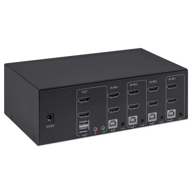 KVM jungiklis Manhattan 4 prievadų 4K@30Hz USB-A garsas mikrofonas