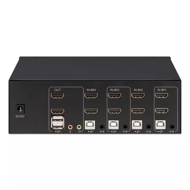 KVM jungiklis Manhattan 4 prievadų 4K@30Hz USB-A garsas mikrofonas