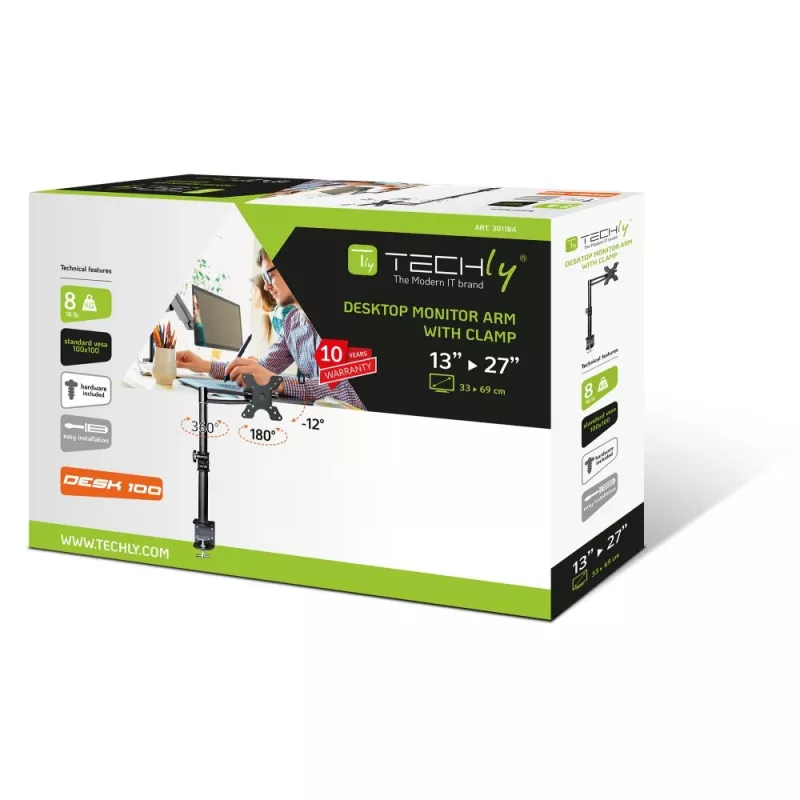Techly 13-27 colių stalinis stovas monitoriui, vidurinė rankena, pakreipiama ICA-LCD 501BK