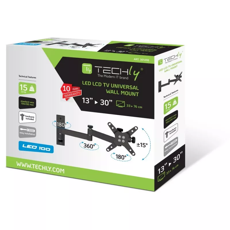 Techly 13–30 colių sieninis laikiklis LED LCD televizoriui, pasukamas, 3 lankstai, juodas, ICA-LCD 104BK