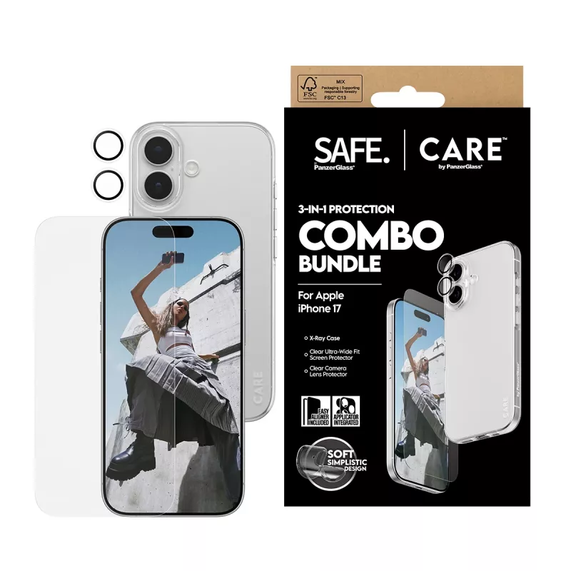 PanzerGlass 3-in-1 Combo Bundle for iPhone 17 — ekrano apsauga, kameros objektyvo apsauga ir dėklas