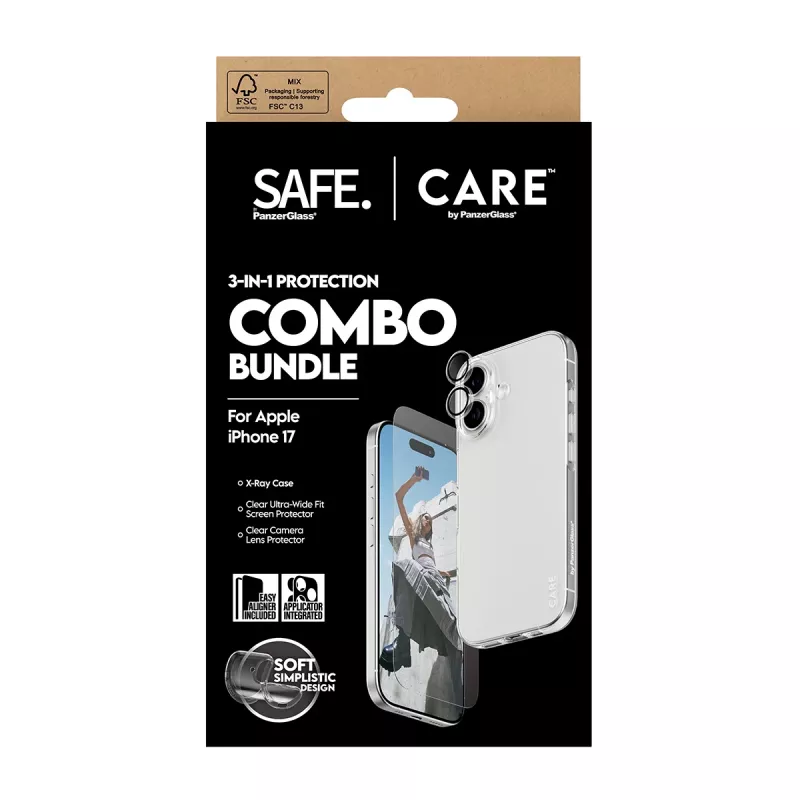 PanzerGlass 3-in-1 Combo Bundle for iPhone 17 — ekrano apsauga, kameros objektyvo apsauga ir dėklas