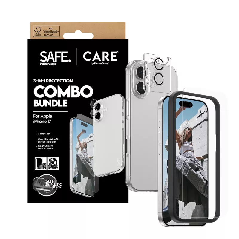 PanzerGlass 3-in-1 Combo Bundle for iPhone 17 — ekrano apsauga, kameros objektyvo apsauga ir dėklas