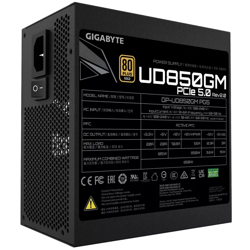 GIGABYTE UD850GM PG5 V2 maitinimo blokas- PCIe Gen 5.1, 80 PLUS Gold, visiškai modulinis dizainas, 120 mm ventiliatorius, ATX 3.1 suderinamas, EU kištukas
