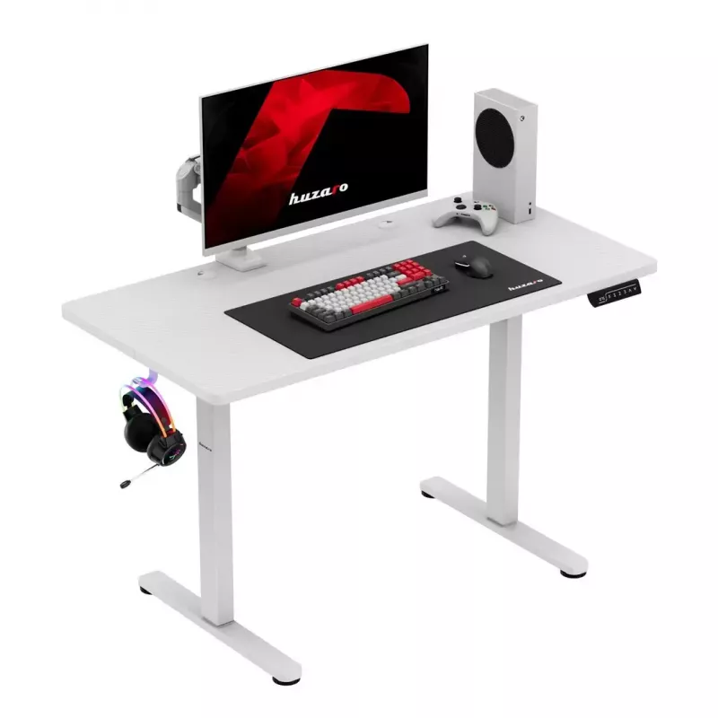 Žaidimų stalas huzaro Hero 8.1 — baltas elektrinis reguliuojamo aukščio stalas 120×60 cm, 720–1180 mm, 50 kg talpa, kabelių valdymas