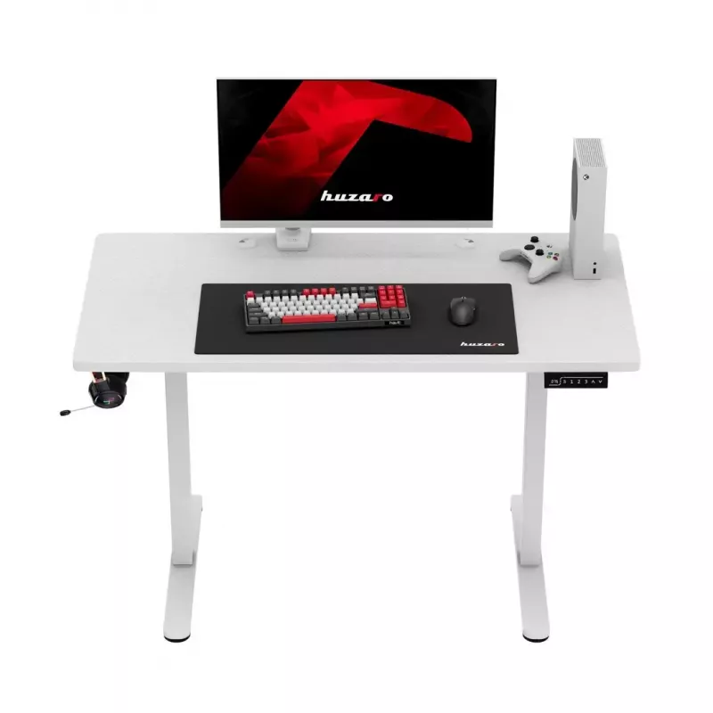 Žaidimų stalas huzaro Hero 8.1 — baltas elektrinis reguliuojamo aukščio stalas 120×60 cm, 720–1180 mm, 50 kg talpa, kabelių valdymas