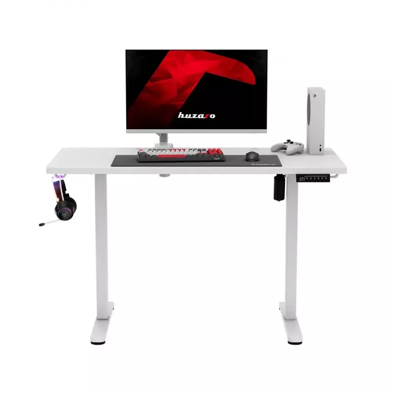 Žaidimų stalas huzaro Hero 8.1 — baltas elektrinis reguliuojamo aukščio stalas 120×60 cm, 720–1180 mm, 50 kg talpa, kabelių valdymas