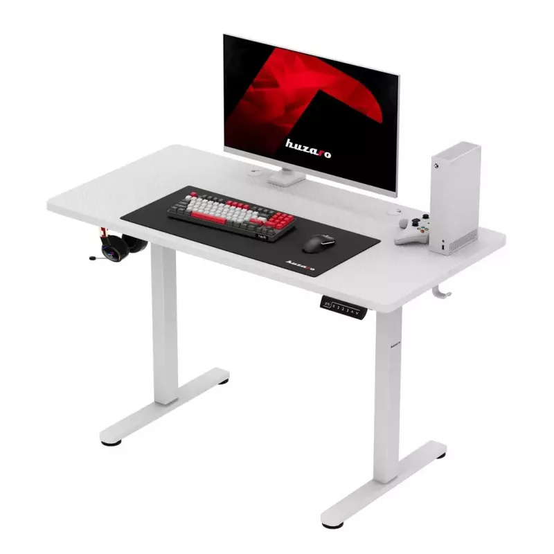 Žaidimų stalas huzaro Hero 8.1 — baltas elektrinis reguliuojamo aukščio stalas 120×60 cm, 720–1180 mm, 50 kg talpa, kabelių valdymas