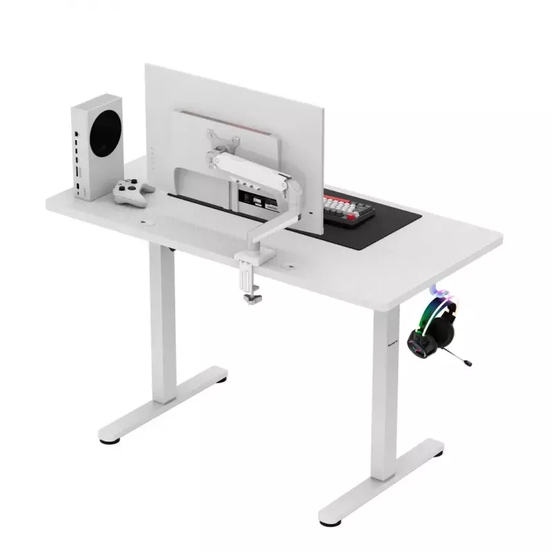 Žaidimų stalas huzaro Hero 8.1 — baltas elektrinis reguliuojamo aukščio stalas 120×60 cm, 720–1180 mm, 50 kg talpa, kabelių valdymas