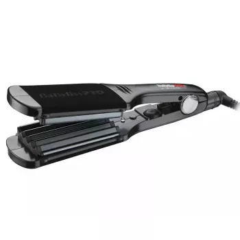 Plaukų gofravimo įrankis BABYLISS BAB2512EPCE — maitinamas iš tinklo, keraminės-turmalino plokštės, 5 karščio lygiai, maks. 200°C, pasukamas 2,7 m laidas, 0,89 kg, šilta juoda ir rožinė spalvos