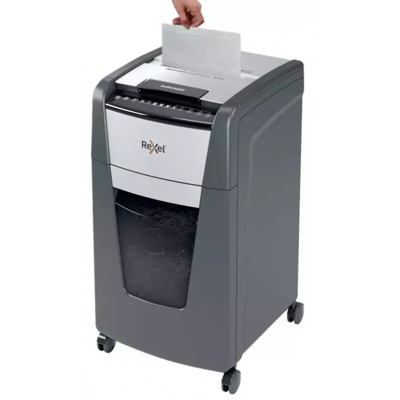 Rexel Optimum Auto+ 300M popieriaus smulkintuvas, mikro pjovimo, 55 dB, 23 cm, juoda, pilka