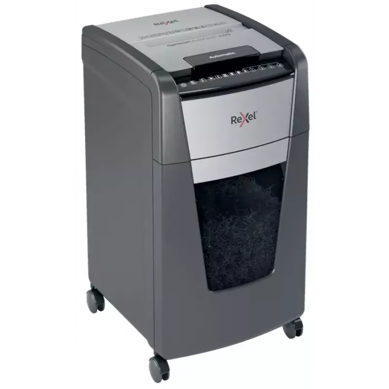 Rexel Optimum Auto+ 300M popieriaus smulkintuvas, mikro pjovimo, 55 dB, 23 cm, juoda, pilka