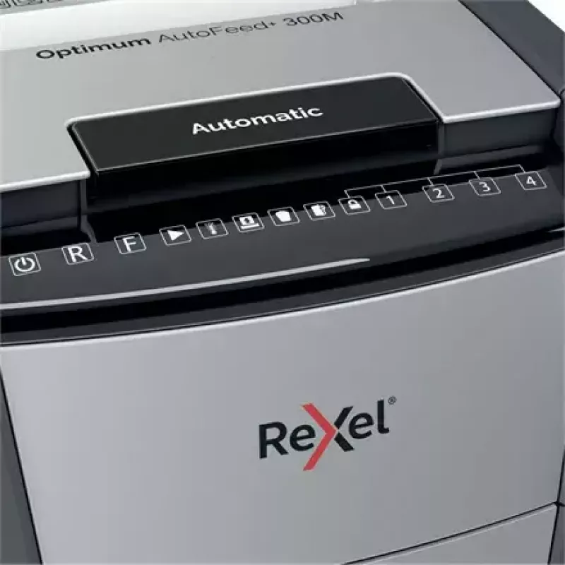 Rexel Optimum Auto+ 300M popieriaus smulkintuvas, mikro pjovimo, 55 dB, 23 cm, juoda, pilka
