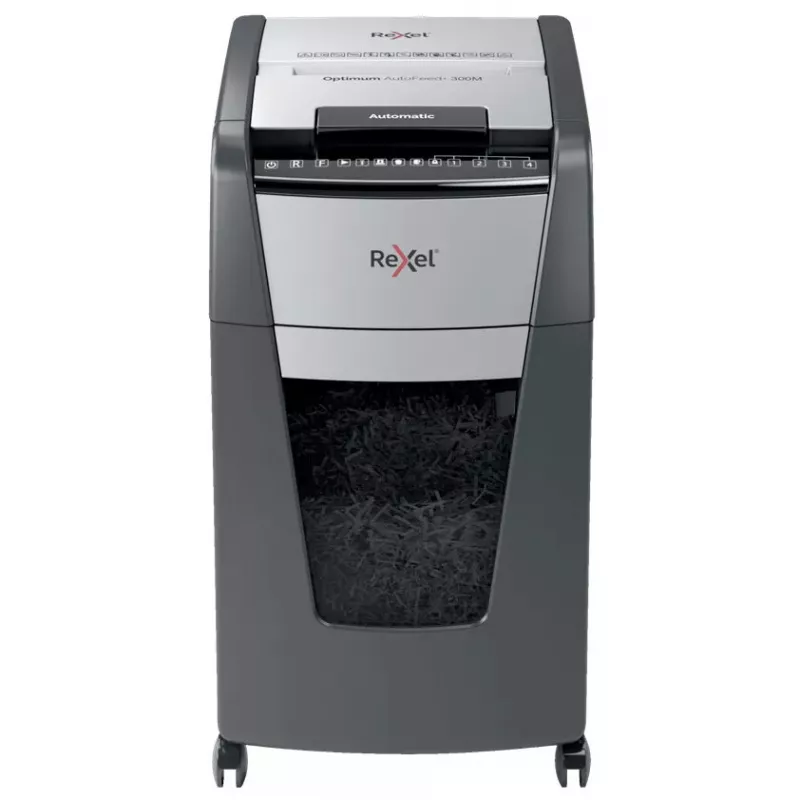 Rexel Optimum Auto+ 300M popieriaus smulkintuvas, mikro pjovimo, 55 dB, 23 cm, juoda, pilka