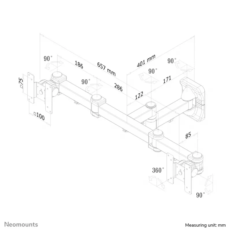 Neomounts FPMA-W960D dvigubas monitoriaus/TV laikiklis ant sienos 10-27 coliai - pilnas judėjimas