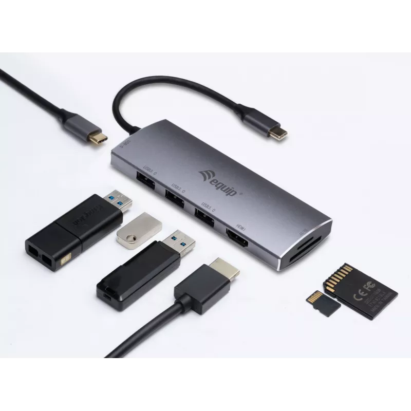 Equip USB-C 7-in-1 daugiafunkcis adapteris, USB 3.2 Gen 1 (3.1 Gen 1) Type-C, 100 W, sidabrinis, MicroSD (TransFlash), MicroSDHC, SD, SDHC, 4K Ultra HD, 30 Hz