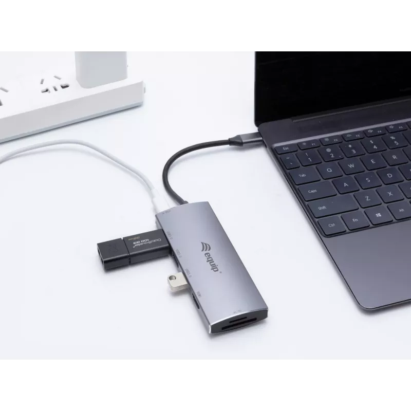 Equip USB-C 7-in-1 daugiafunkcis adapteris, USB 3.2 Gen 1 (3.1 Gen 1) Type-C, 100 W, sidabrinis, MicroSD (TransFlash), MicroSDHC, SD, SDHC, 4K Ultra HD, 30 Hz