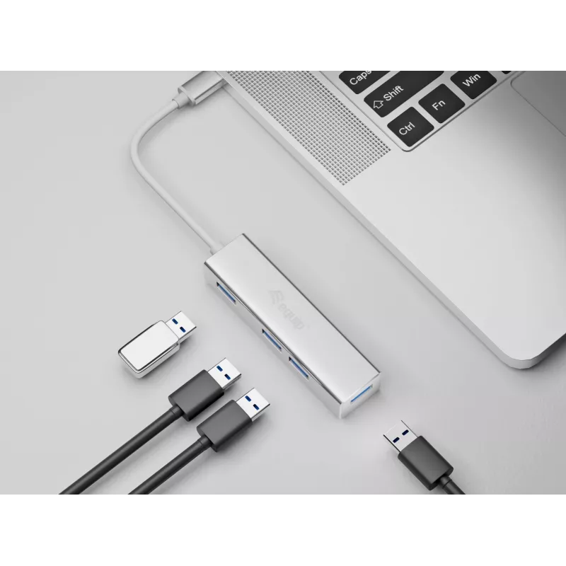 Equip USB-C į 4 prievadų USB 3.0 šakotuvas, USB 3.2 Gen 1 (3.1 Gen 1) Type-C, USB 3.2 Gen 1 (3.1 Gen 1) Type-A, 5000 Mbit/s, sidabrinis, aliuminis, Windows 10, Windows 7, Windows 8