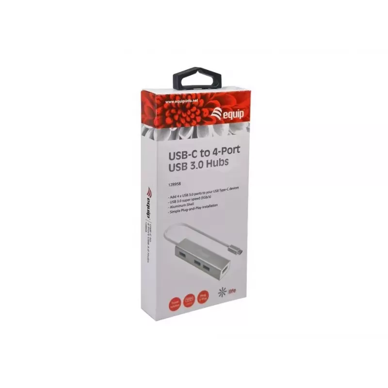 Equip USB-C į 4 prievadų USB 3.0 šakotuvas, USB 3.2 Gen 1 (3.1 Gen 1) Type-C, USB 3.2 Gen 1 (3.1 Gen 1) Type-A, 5000 Mbit/s, sidabrinis, aliuminis, Windows 10, Windows 7, Windows 8