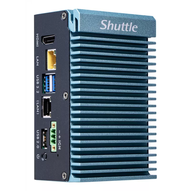 Shuttle Edge PC SPCEL02, Intel Celeron J6412, 1x HDMI, 2x 2.5G LAN, 1x COM, DIO (4x in, 4x out), 3x USB, 2x M.2, 12-24V, 24/7 nuolatinis veikimas, be ventiliatoriaus, komplektuojamas su VESA ir DIN-Rail tvirtinimais