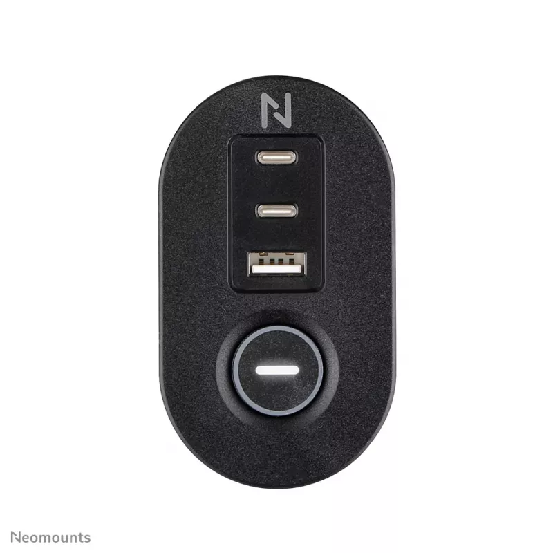 Neomounts DS22-840BL6 stalo lizdas su spaustuku, USB-C ir USB-A prievadais – greitas įkrovimas