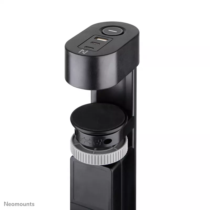 Neomounts DS22-840BL6 stalo lizdas su spaustuku, USB-C ir USB-A prievadais – greitas įkrovimas