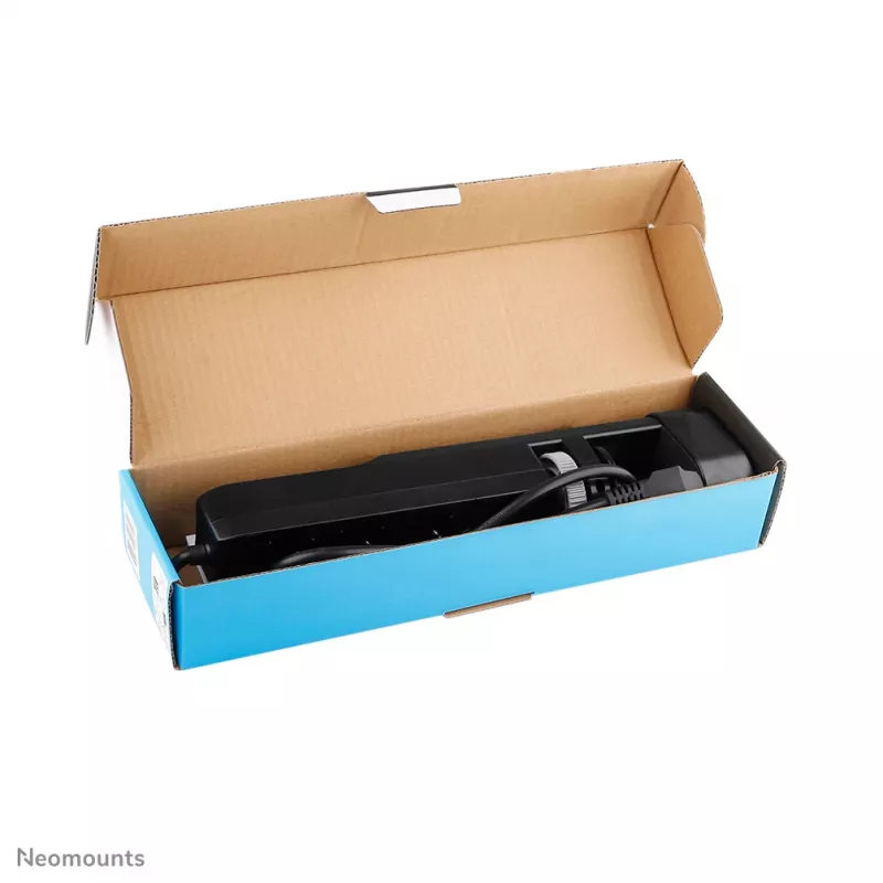 Neomounts DS22-840BL6 stalo lizdas su spaustuku, USB-C ir USB-A prievadais – greitas įkrovimas