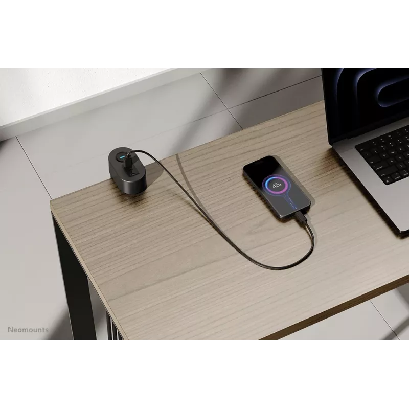 Neomounts DS22-840BL6 stalo lizdas su spaustuku, USB-C ir USB-A prievadais – greitas įkrovimas