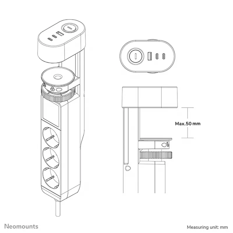 Neomounts DS22-840WH6 stalinis lizdas su spaustuvu, USB-C ir USB-A prievadais – greitasis įkrovimas