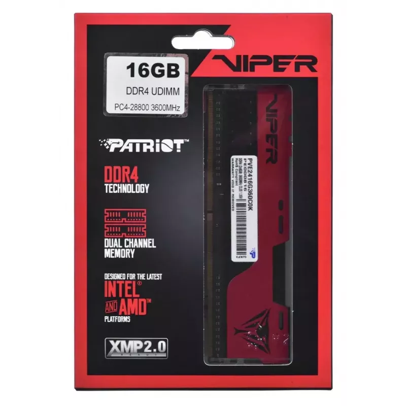 Patriot Memory Viper Elite PVE2416G360C0K atminties modulis 16 GB 2 x 8 GB DDR4 3600 MHz