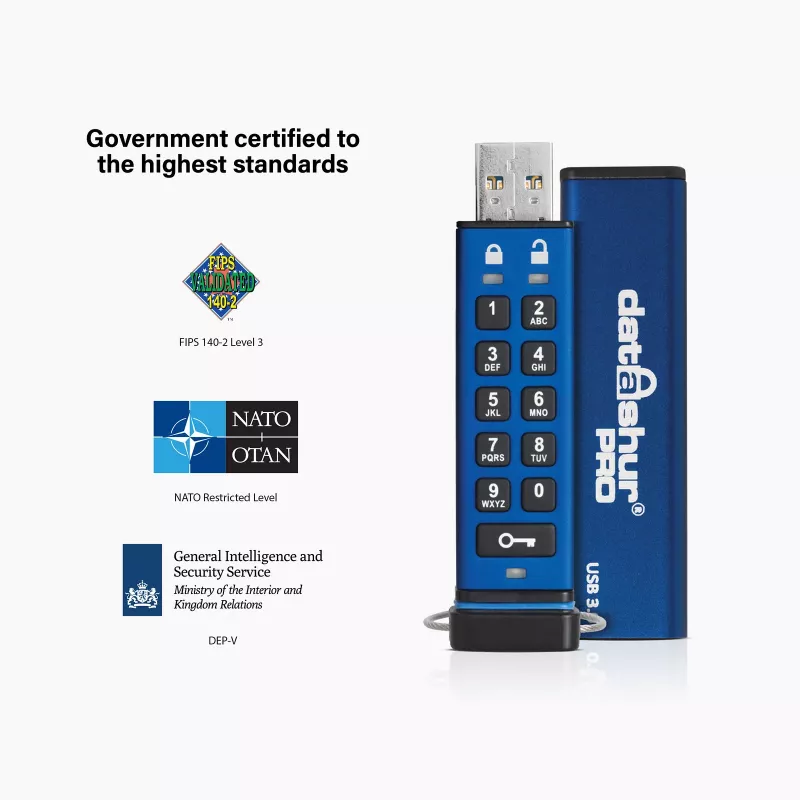 iStorage datAshur PRO 64 GB | Apsaugotas USB diskas | FIPS 140-2 3 lygio sertifikatas | NLNCSA DEP-V sertifikatas | NATO Restricted sertifikatas | AES-XTS 256 bitų aparatinė šifravimo sistema | Apsaugotas PIN kodu | Atsparus dulkėms ir vandeniui