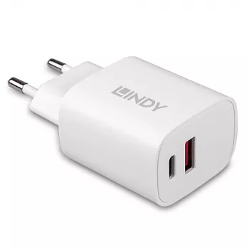 Vidinis įkroviklis Lindy 73413 — universalus AC 100–240 V, išėjimas 12 V 3 A, USB-A + USB-C, balta