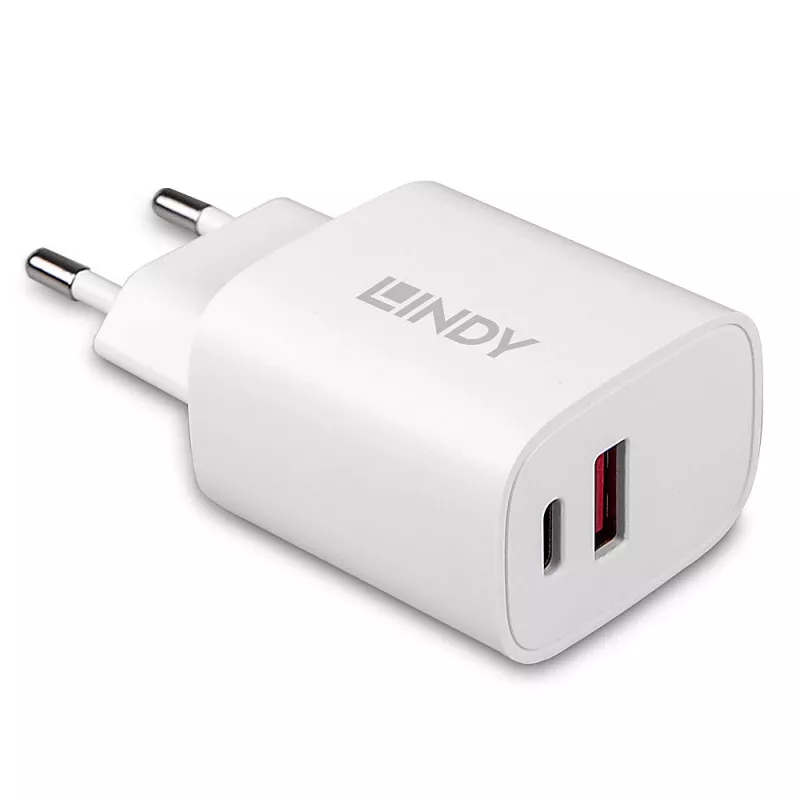 Vidinis įkroviklis Lindy 73413 — universalus AC 100–240 V, išėjimas 12 V 3 A, USB-A + USB-C, balta