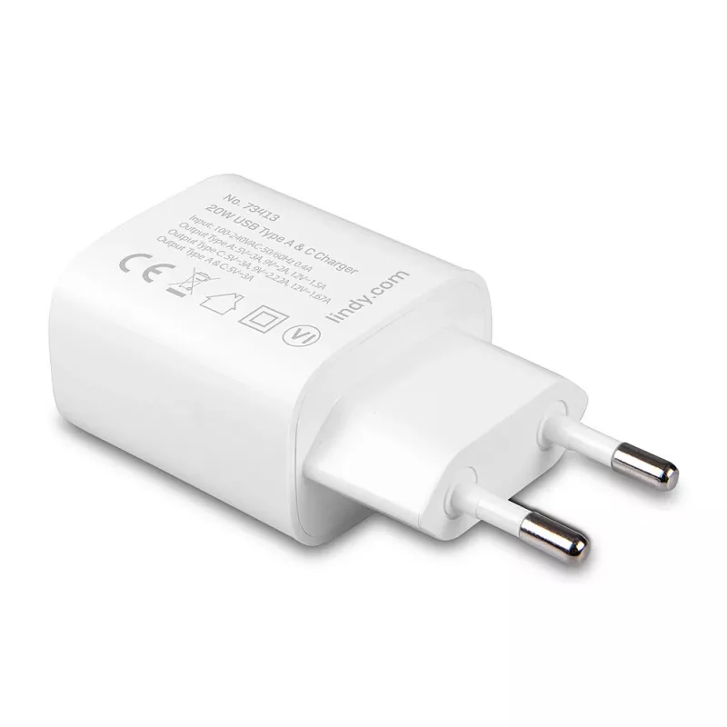 Vidinis įkroviklis Lindy 73413 — universalus AC 100–240 V, išėjimas 12 V 3 A, USB-A + USB-C, balta