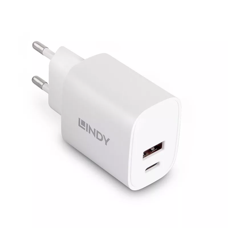Vidinis įkroviklis Lindy 73413 — universalus AC 100–240 V, išėjimas 12 V 3 A, USB-A + USB-C, balta