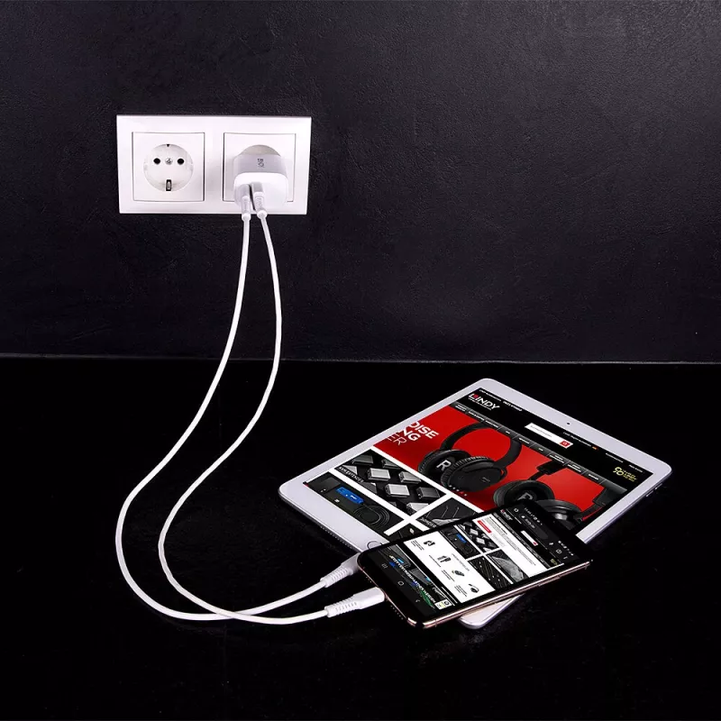 Vidinis įkroviklis Lindy 73413 — universalus AC 100–240 V, išėjimas 12 V 3 A, USB-A + USB-C, balta