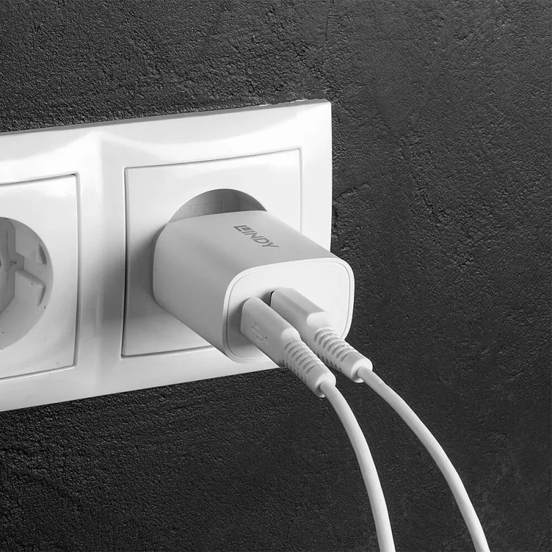 Vidinis įkroviklis Lindy 73413 — universalus AC 100–240 V, išėjimas 12 V 3 A, USB-A + USB-C, balta