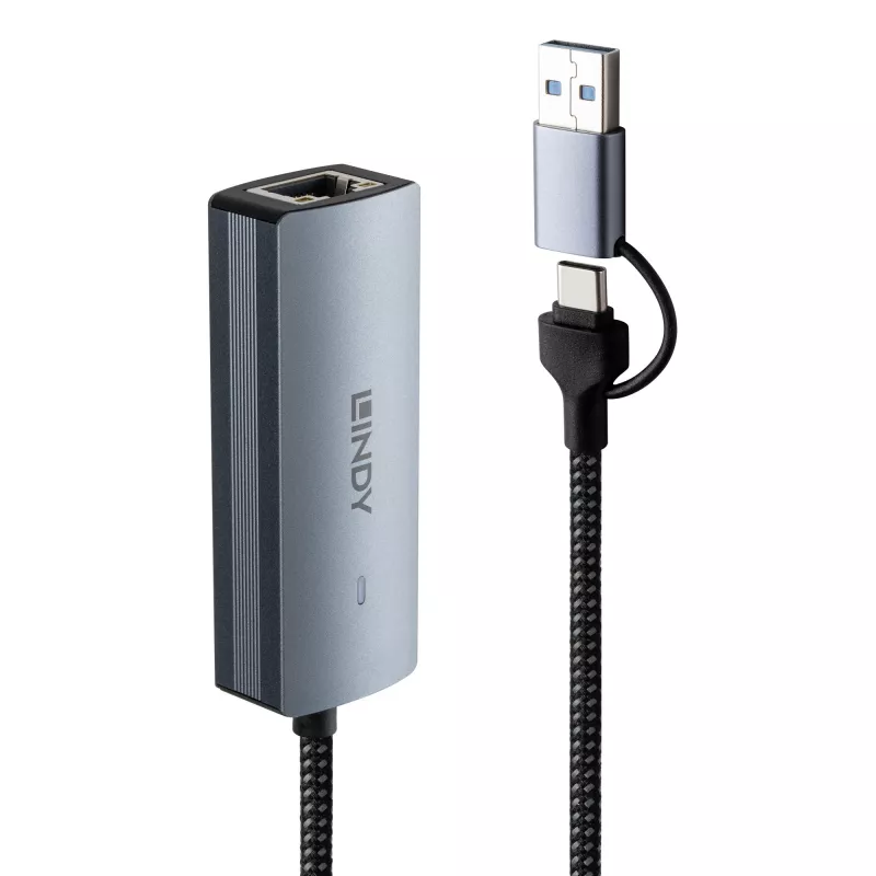 Lindy USB 3.2 Gen 1 į 5G Ethernet konverteris, USB 3.2 Gen 2 (3.1 Gen 2) Type-C, 5000 Mbit/s, Pilka, Aliuminis, Plastikas, Apvalus kabelis, 0,15 m
