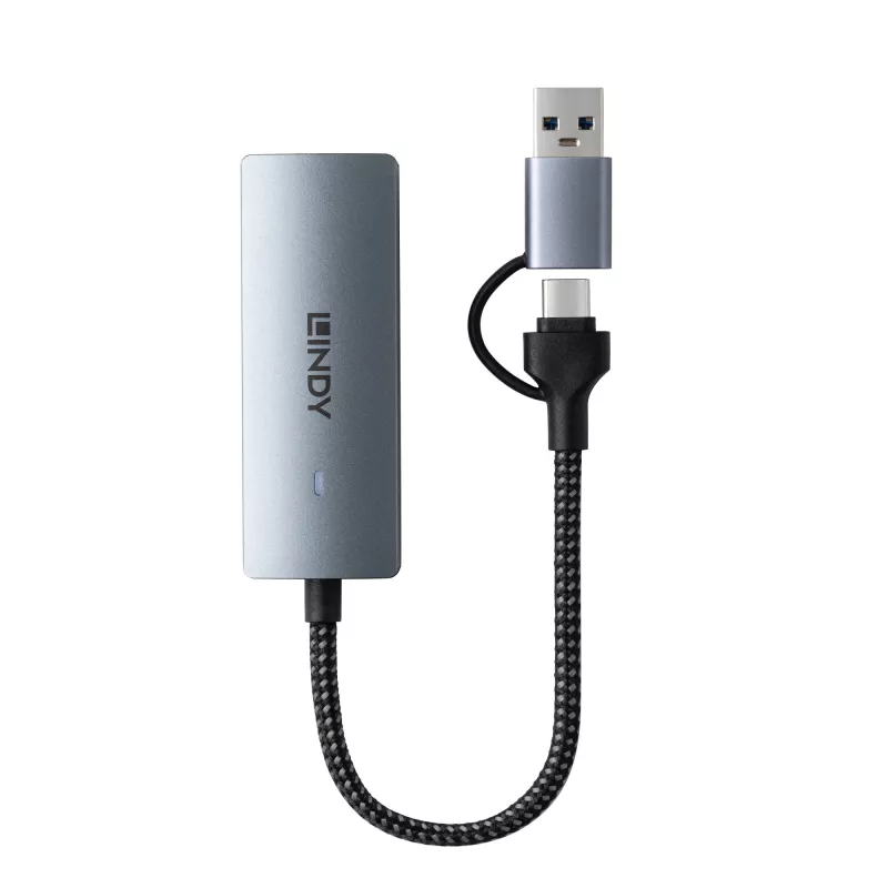 Lindy USB 3.2 Gen 1 į 5G Ethernet konverteris, USB 3.2 Gen 2 (3.1 Gen 2) Type-C, 5000 Mbit/s, Pilka, Aliuminis, Plastikas, Apvalus kabelis, 0,15 m