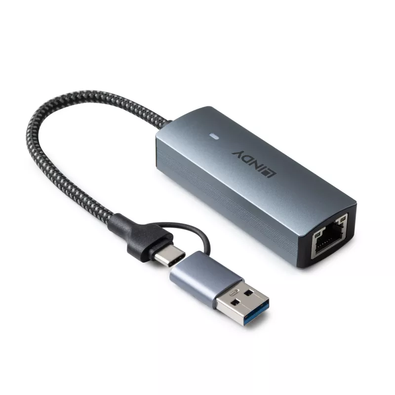 Lindy USB 3.2 Gen 1 į 5G Ethernet konverteris, USB 3.2 Gen 2 (3.1 Gen 2) Type-C, 5000 Mbit/s, Pilka, Aliuminis, Plastikas, Apvalus kabelis, 0,15 m