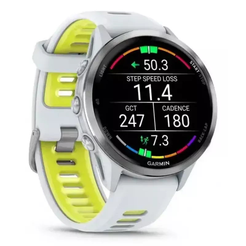 Išmanusis laikrodis IFIT ICON Forerunner 970 — 1,4 colio (3,56 cm) AMOLED 454×454, GPS, Wi‑Fi, titano korpusas, silikoninis dirželis (balta/geltona), 56 g