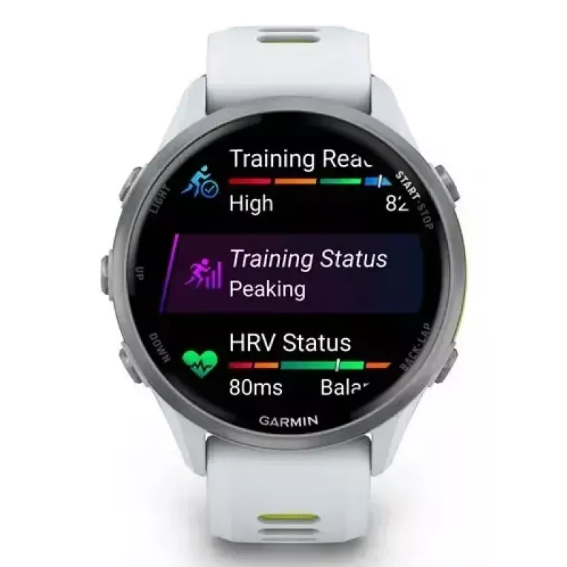 Išmanusis laikrodis IFIT ICON Forerunner 970 — 1,4 colio (3,56 cm) AMOLED 454×454, GPS, Wi‑Fi, titano korpusas, silikoninis dirželis (balta/geltona), 56 g