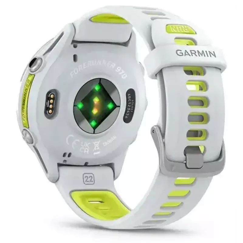 Išmanusis laikrodis IFIT ICON Forerunner 970 — 1,4 colio (3,56 cm) AMOLED 454×454, GPS, Wi‑Fi, titano korpusas, silikoninis dirželis (balta/geltona), 56 g