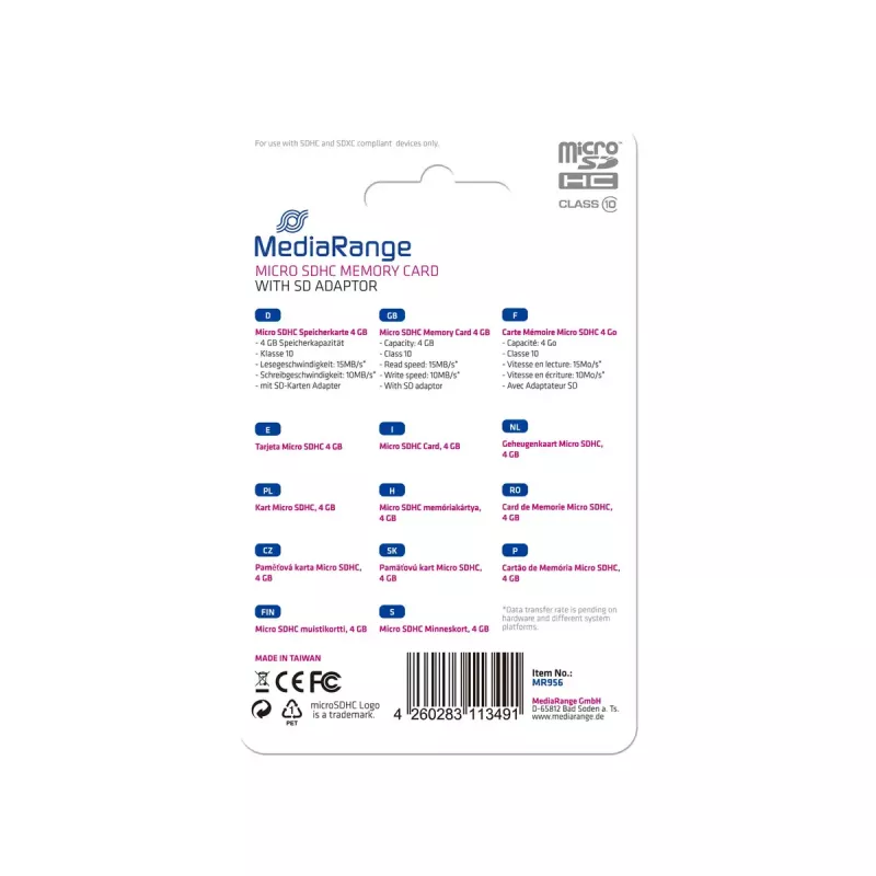 Atminties kortelė MediaRange 4 GB MicroSDHC Class 10 MR956