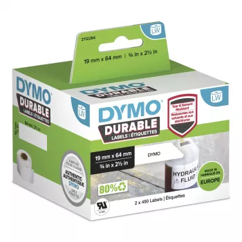 DYMO LabelWriter patvarios pramoninės etiketės | 19 mm x 64 mm | Balta polipropileno | 2 rulonai po 450 (900 lipnių etikečių) | Originalios | Skirtos LabelWriter etikečių spausdintuvams